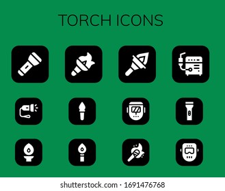 torch icon set. 12 filled torch icons.  Simple modern icons such as: Flashlight, Torch, Welder