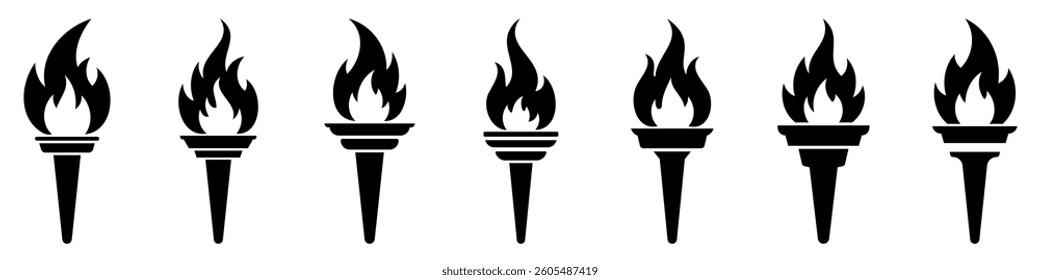 Torch icon. Set of black torch icons. Vector illustration.