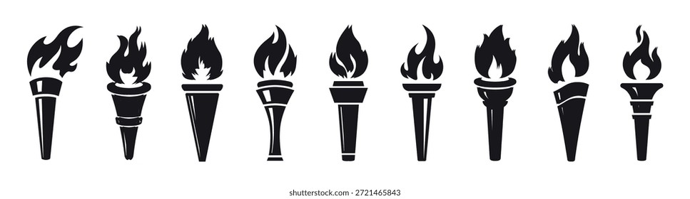Conjunto de iconos de antorcha. Antorchas de Vector con llama y fuego ardiente sobre fondo blanco, Ilustración vectorial.