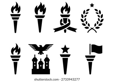 Torch laurel wreath eagle star flag buildings flame
