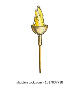Torch Light Decorative Flame Stick Color Vector. Ancient Flaming Torch Or Lighting Flambeau. Shine And Burn Torchlight Engraving Mockup Hand Drawn In Vintage Style Illustration