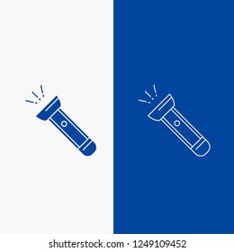 torch, light, flash, camping, hiking Line and Glyph web Button in Blue color Vertical Banner for UI and UX, website or mobile application