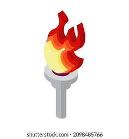 Icono isométrico de la antorcha. Ilustración vectorial dibujada a mano aislada en blanco. Diseño de color plano.