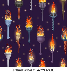 Torch light pattern. Ancient glowing illumination burning flame torches exact vector seamless background
