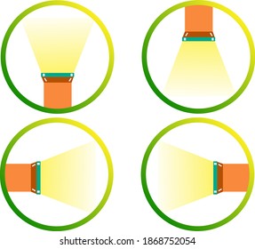 Torch light shining inside the round shape in different angle vector art	