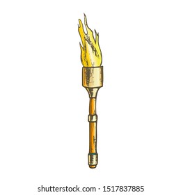 Torch Light Stick With Flame Color Vector. Medieval Burning Torch Or Lighting Flambeau. Shine And Burn Fire Engraving Template Hand Drawn In Vintage Style Illustration