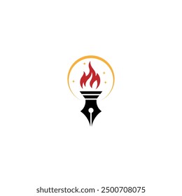 torch logo with pen stationery combination decorated with stars in flat vector design