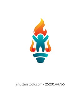 torch logo and a small child standing excitedly