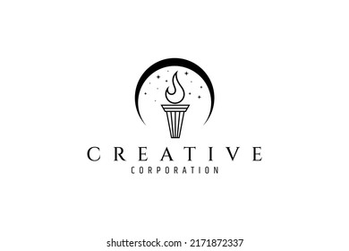 torch logo under crescent moon decorated with twinkling stars in flat design style