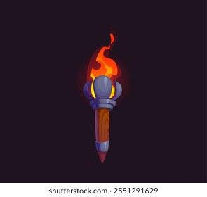 Antorcha, luz de fuego de dibujos animados de juego medieval o antorcha antigua, recurso GUI de Vector. Mazmorra medieval del castillo o antorcha pirata con llama de fuego ardiente en la manija de madera para la aventura de la fantasía del juego de arcade