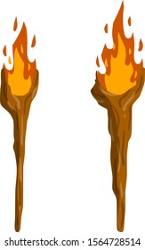 Torch on stick. fire and branch. Primitive weapon. Burning club. old item for lighting. Cartoon flat illustration