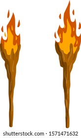 Torch on stick. fire and branch. Primitive weapon. Burning club. old item for lighting. Cartoon flat illustration