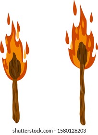 Torch on stick. fire and branch. Primitive weapon. Burning club. Cartoon flat illustration. old item for lighting