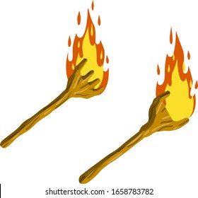 Enganche el palo. Fuego y ramificación. Arma primitiva. Club de quema. Dibujo plano de caricatura. artículo antiguo para iluminación