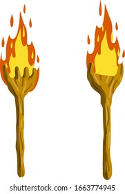 Torch on stick. Fire and branch. Primitive weapon. Cartoon flat illustration. old item for lighting. Burning club