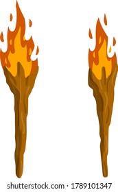 Torch on stick. Primitive weapon. Burning club. Cartoon flat illustration. old item for lighting. Fire and branch