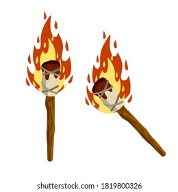 Torch on stick. Primitive weapon. Burning club. Cartoon flat illustration. old item for lighting. Fire and branch