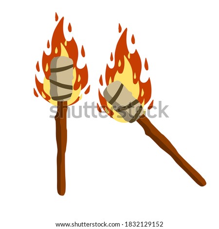 Torch on stick. Primitive weapon. Burning club. Cartoon flat illustration. old item for lighting. Fire and branch