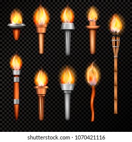 Torch realistic set with isolated hand cresset images of various shape with flame on transparent background vector illustration