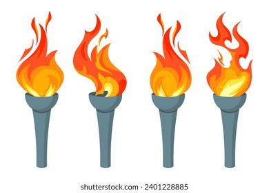 Torch set. Burning torches flames, icon collection. Symbols of relay race, competition victory, champion or winner. Vector