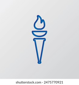 Torch simple icon. Flat design. Paper cut design. Cutted blue symbol with shadow. Gray background.ai