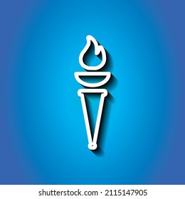 Torch simple icon. Flat desing. White icon with shadow on blue background.ai
