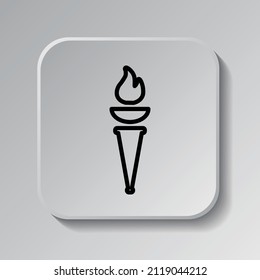 Torch simple icon. Flat desing. Black icon on square button with shadow. Grey background.ai