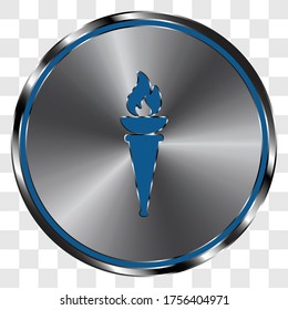 Torch simple icon on metal round button. Transparent grid
