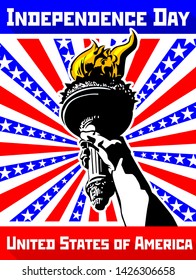 Torch of the Statue of Liberty on the background of the colors of the USA flag - Vector illustration. Stars and Stripes, Freedom Torch