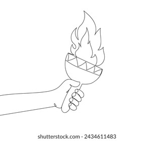 Torch symbol, continuous line drawing. Outline drawing Hand with torch. Torch isolated on white background. Torch for Print, web design advertising. Vector illustration.