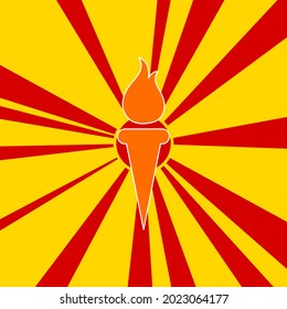Torch symbol on a background of red flash explosion radial lines. The large orange symbol is located in the center of the sun, symbolizing the sunrise. Vector illustration on yellow background