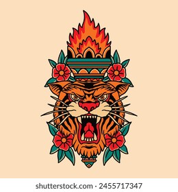 Torch Tiger Traditional Tattoo Vector Illustration Design