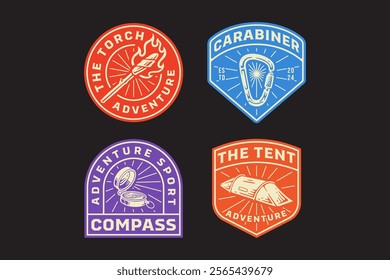 torch, tunnel camping tent, aiming compass, carabiner D shape, flambeau, navigation retro badge logo vector design collection set for adventure, explorer, mountaineer, hiker and climber