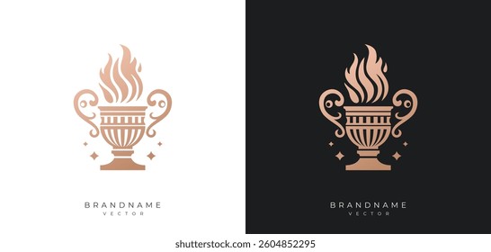 Torch vector design silhouette, luxury trophy cup illustration with flame designs, elegant shapes, olympic torch variations, stylized wings symbols