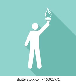 Torch vector icon with long shadow. White illustration isolated on green background for graphic and web design.