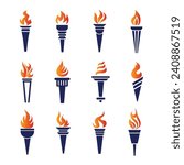 Torch vector icon set illustration design template. Symbol of victory, success or achievement. silhouettes of various medieval flaming torches.