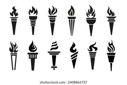 Torch vector icon set illustration design template. Symbol of victory, success or achievement. silhouettes of various medieval flaming torches.