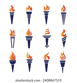 Torch vector icon set illustration design template. Symbol of victory, success or achievement. silhouettes of various medieval flaming torches.