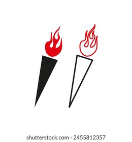 Torch Vector icons set. Flame symbol in monochrome and red. Fire emblem design. Simple ignition representation.