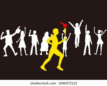 A torchbearer running in the cheers of the audience.