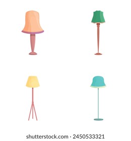 Torcher icons set cartoon vector. Floor torchere with various lampshade. Home illumination and decor element