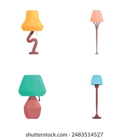 Torchere icons set cartoon vector. Floor and table torcher with bright lampshade. Home illumination and decor element