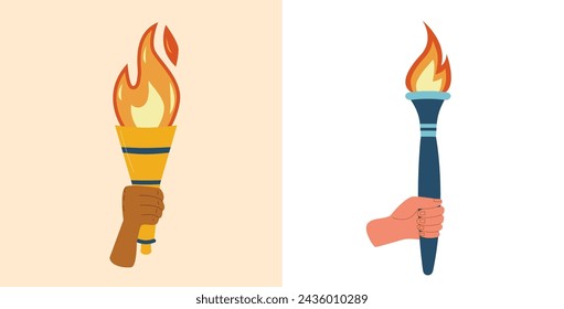 Torches with burning flame in hands. Symbol of sport, games, victory and champion competition with different people race palm. Vector flat illustration isolated on white background.