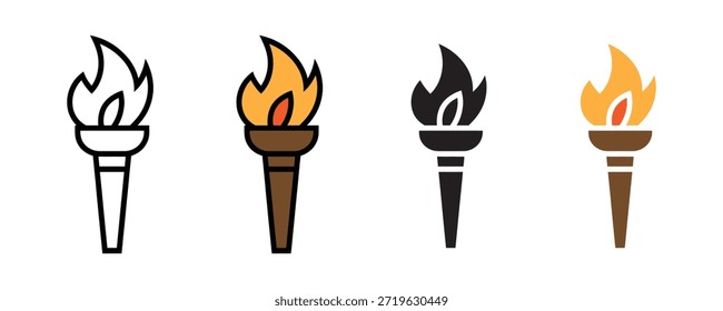 Ícone de tochas define vetor sobre fundo branco. tocha chama, tocha de queima, ícone de fogo, símbolo de chama. ilustração de vetor.