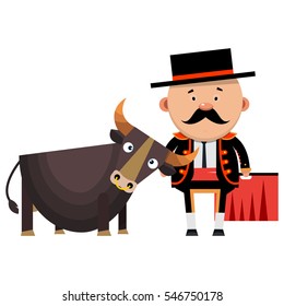 Toreador with the bull. Spanish bullfighting. Vector illustration isolated on white background.