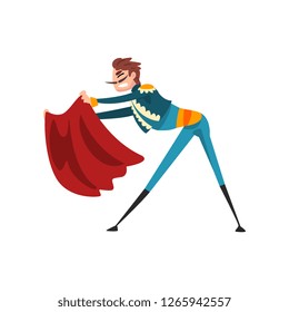 Toreador with red cape, bullfighting, corrida performance vector Illustration on a white background