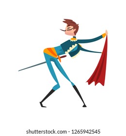 Toreador with red cape and sword, bullfighting, corrida performance vector Illustration on a white background