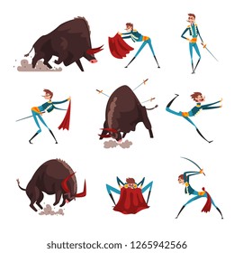 Toreador with red cape and sword fighting with furious black bull set, bullfighting, corrida performance vector Illustration on a white background