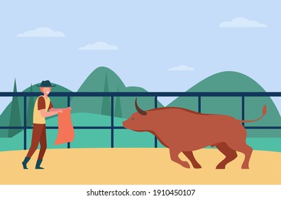 Toreador with red cape training bull. Matador, picador, bullfighting. Flat vector illustration. Corrida, Spain, traditional performers concept for banner, website design or landing web page