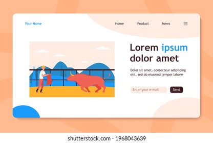 Toreador with red cape training bull. Matador, picador, bullfighting. Flat vector illustration. Corrida, Spain, traditional performers concept for banner, website design or landing web page